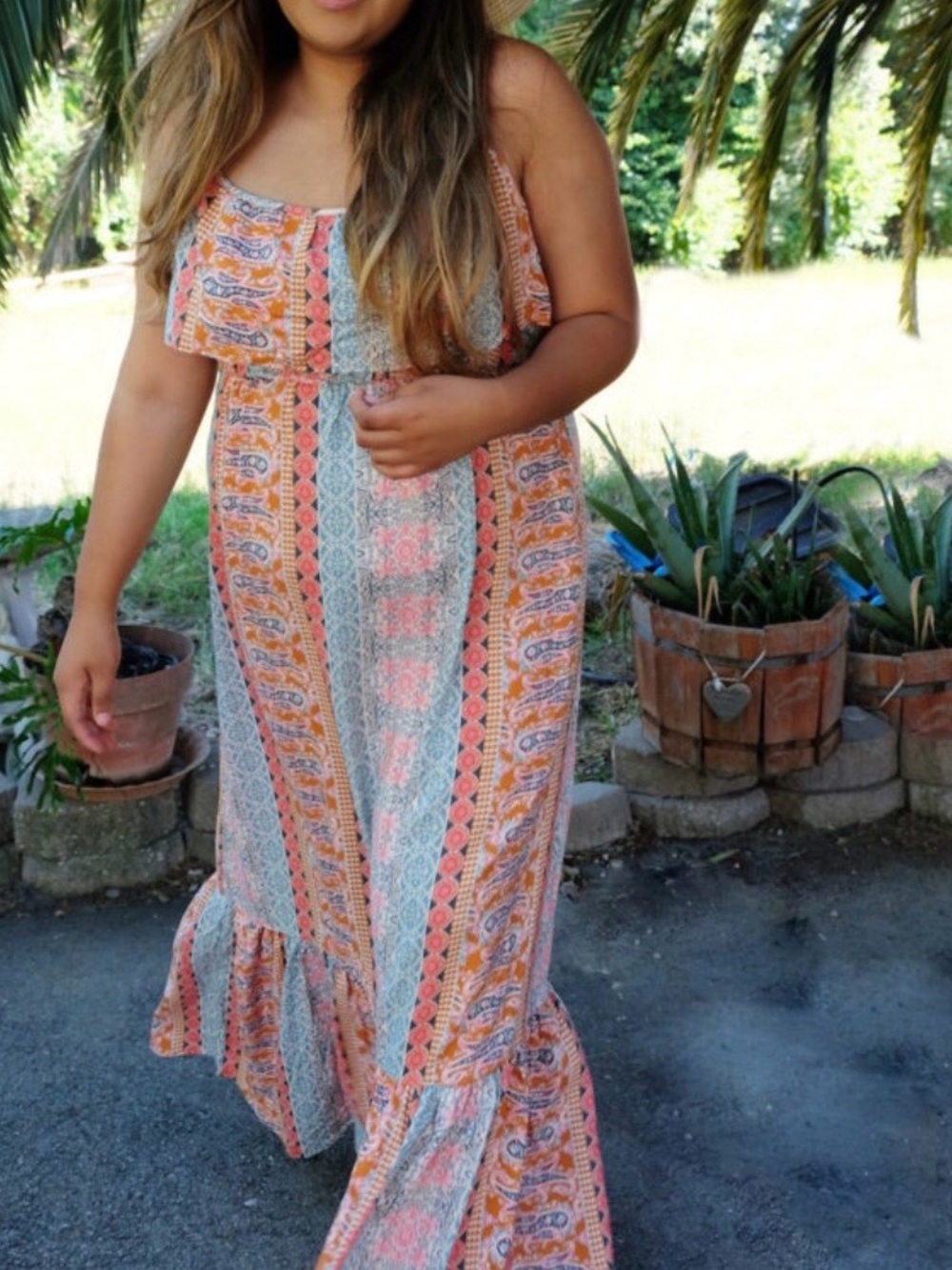 Boho Coral & Cream Woman’s Maxi Dress - Picture 1 of 4